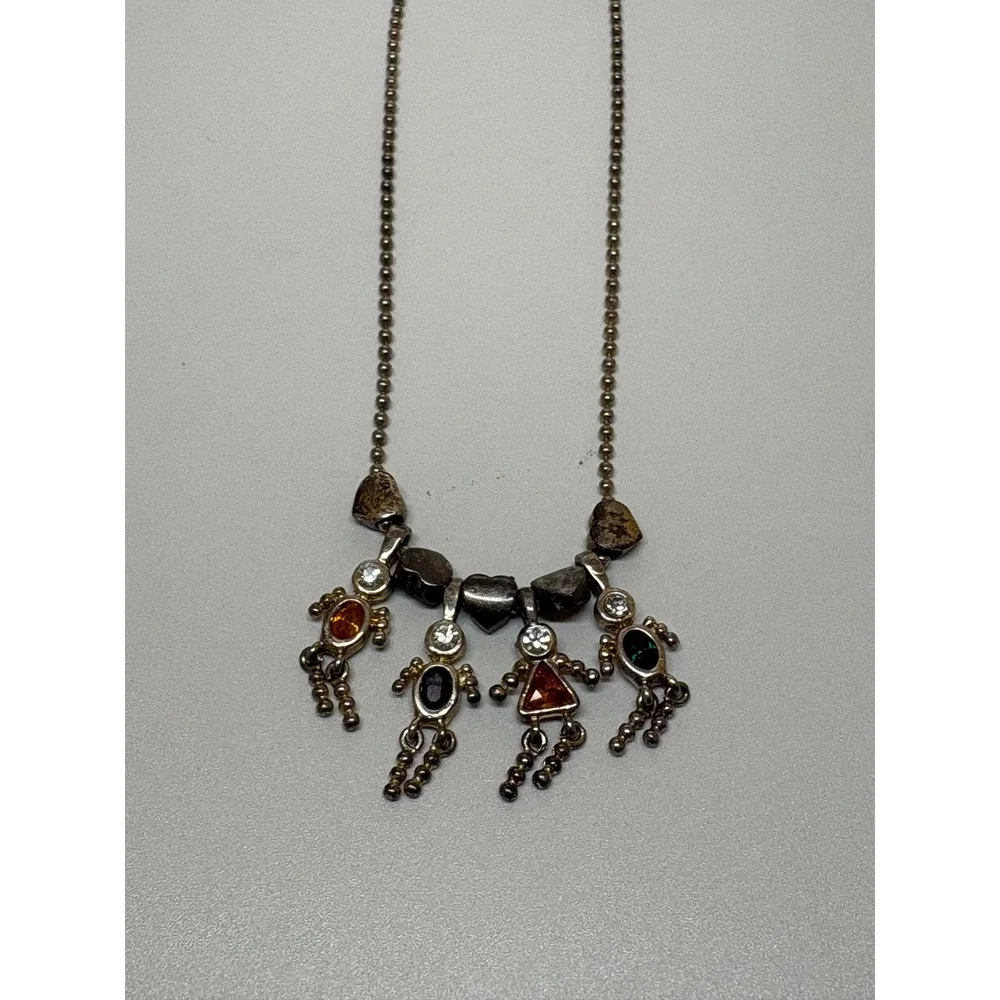 Vintage Silver Tone Ball Chain Necklace with Four Multi-Stone People Charms 22